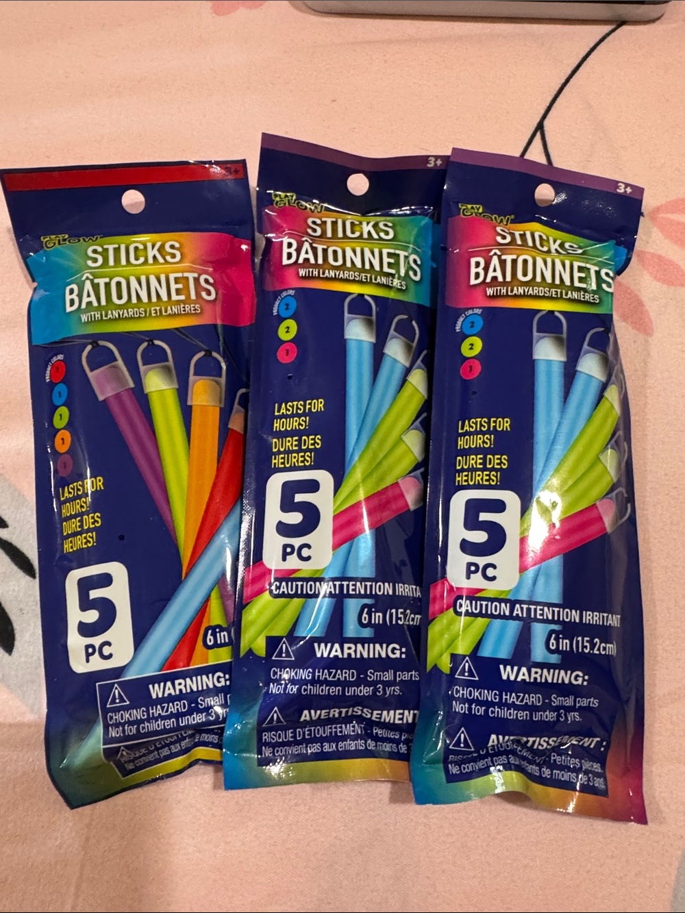 Assorted Glow Sticks Three packs of 5-Pack - Blue, Green, Pink, Purple, Orange